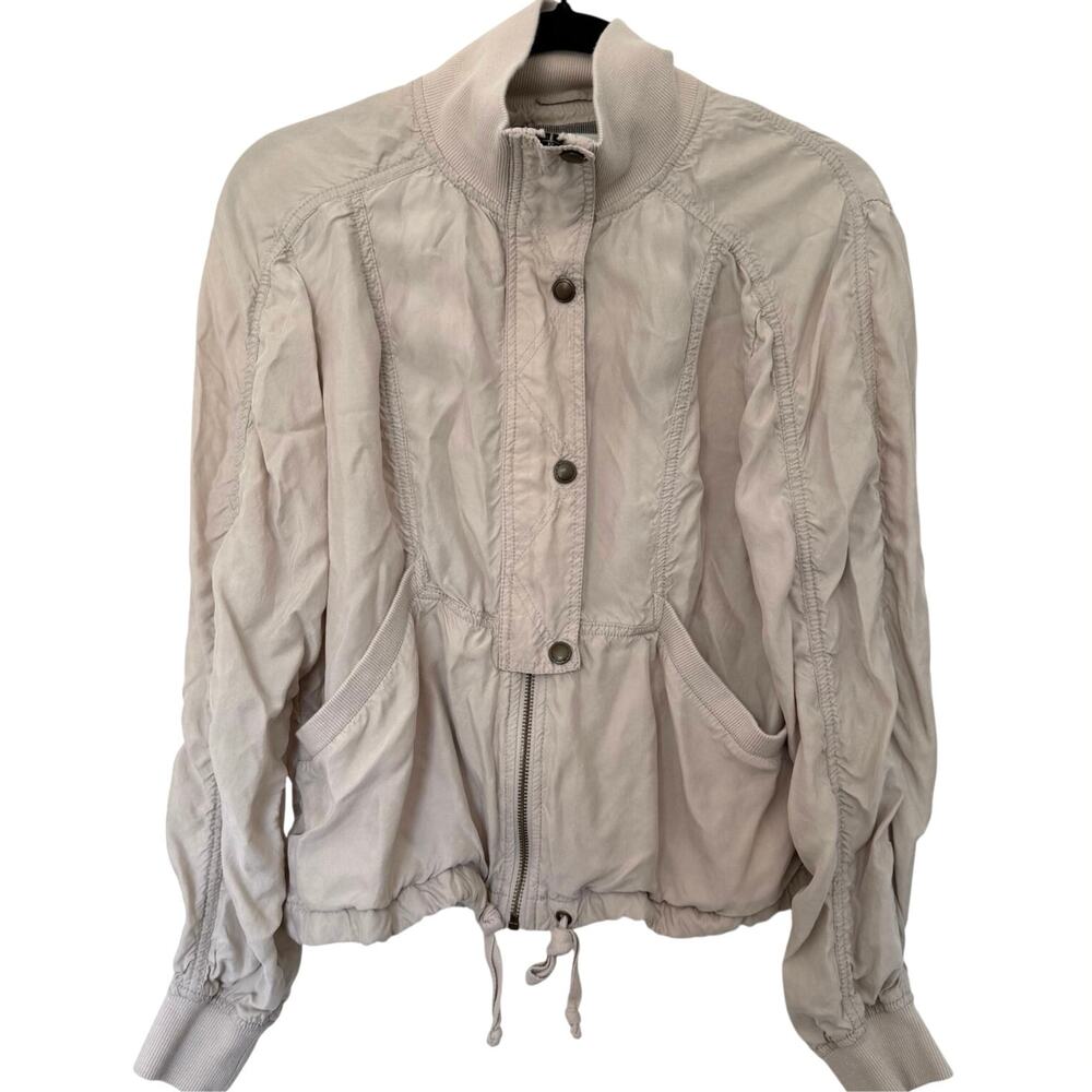 Anthropologie (S) Marrakech Ruched Drawstring Utility Jacket Beige Stand Collar